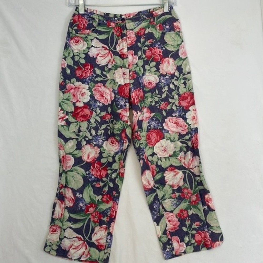 Linen Capri Pants with Pockets, Floral Print, Multicolor, Brand: Tangy, Size S